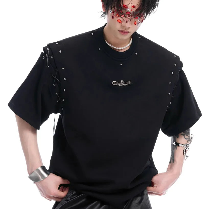 Women's black short sleeve T-shirt with lace-up detail across the upper back