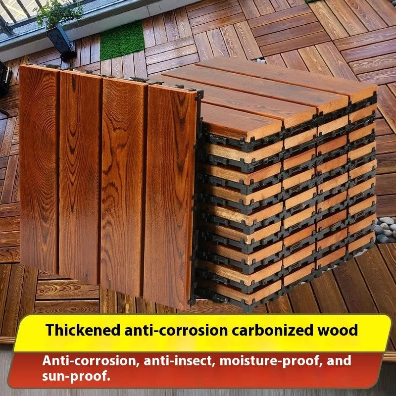 Four camphor pine wood flooring tiles showing 30cm square dimensions and wood grain texture
