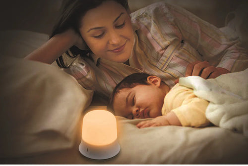 White bedside night light with touch controls, motion sensor, and rechargeable battery for nursery use.