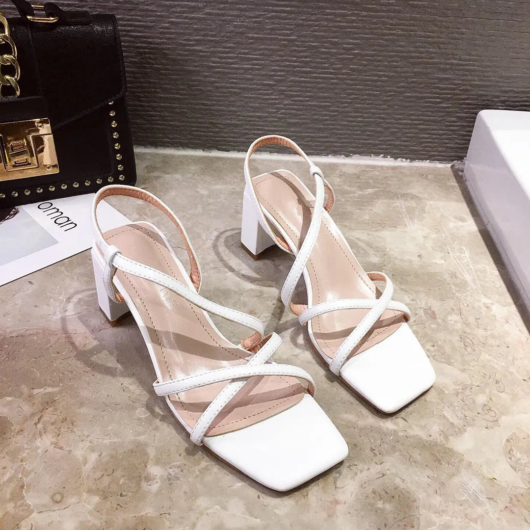 Women's thick heel sandals with over 8cm super high heel and one-word sleeve design in artificial PU