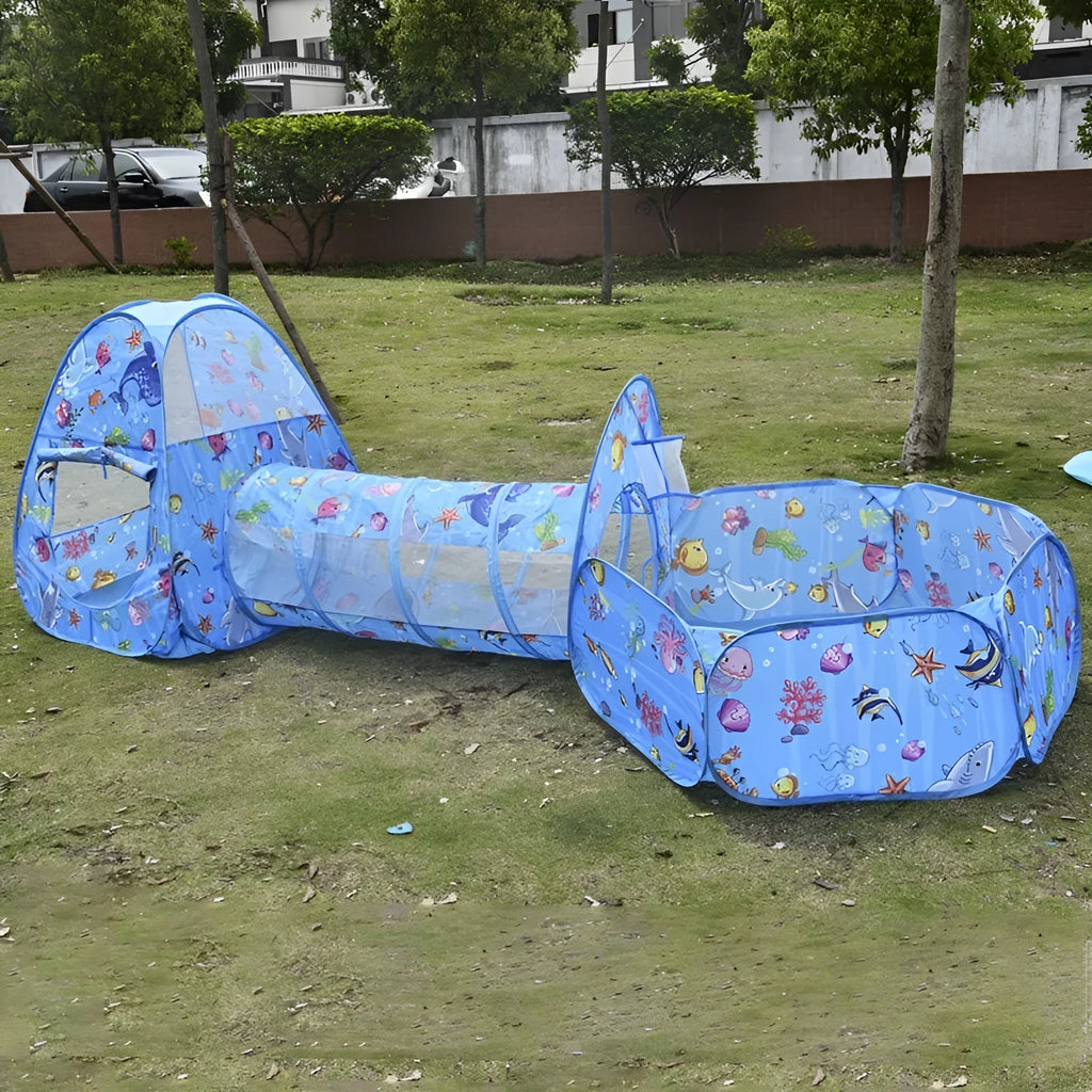 Colourful marine cartoon children's tent with integrated ball pool and crawl tunnel