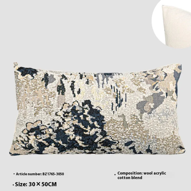 Antique blue abstract floral patterned wool blend cushion cover in square and waist pillow sizes.