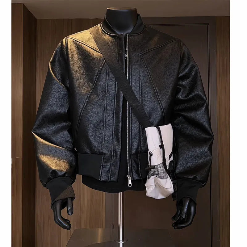Men's extended length black PU leather jacket with litchi texture finish and business styling