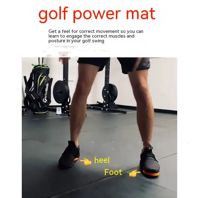 Orange-red golf strength training mat with centre of gravity markings on natural rubber surface