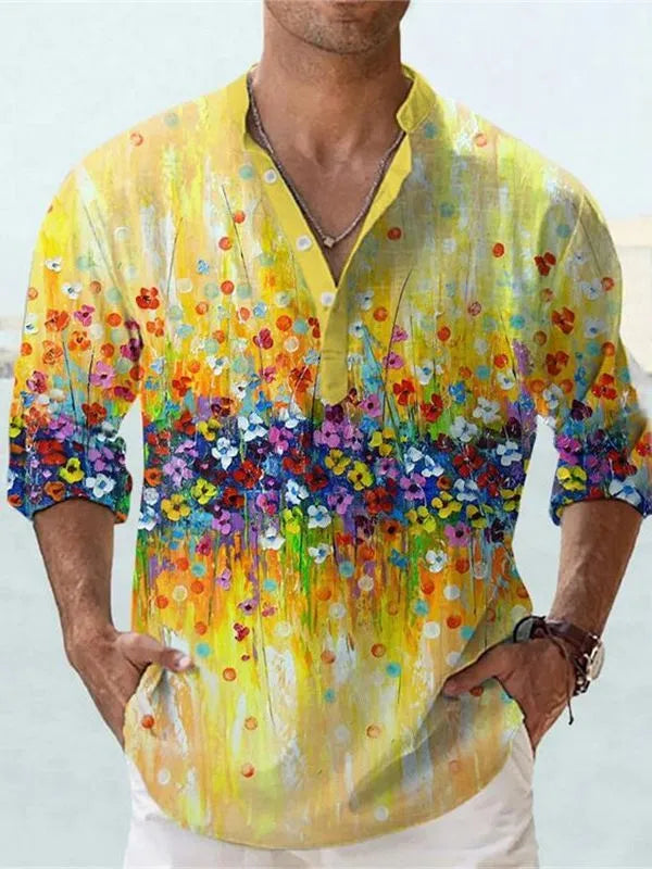 British style striped short sleeve shirt with 3D digital thermal transfer print on bamboo hemp fabric