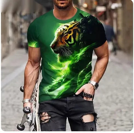 Men's grey T-shirt with raised 3D lion design print on chest, showing dimensional animal graphic