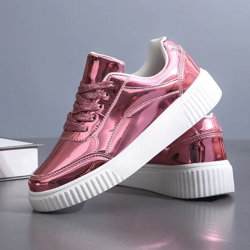 Gold sequinned platform sneaker with round toe and thick MD sole.