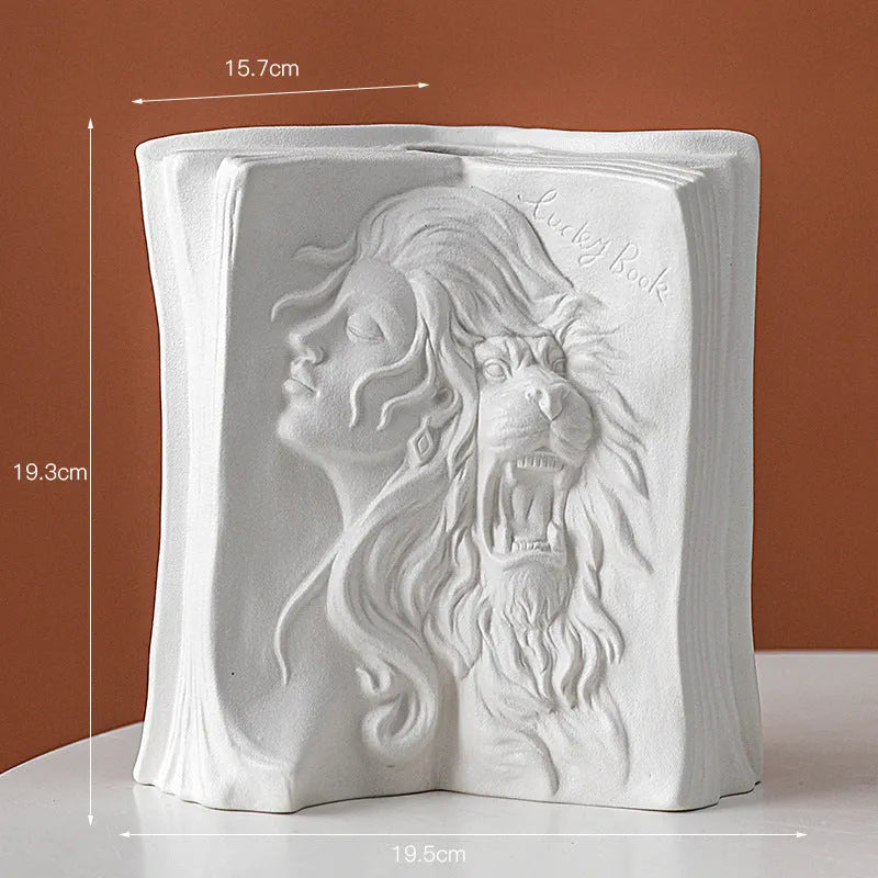 Glazed ceramic book stand ornament in a modern style on a desktop, shown in one of four design options.
