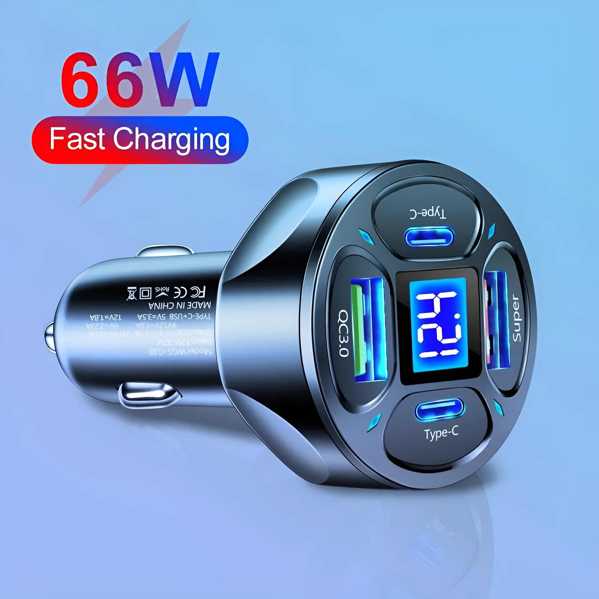Black car charger with digital display showing charging voltage and current readings