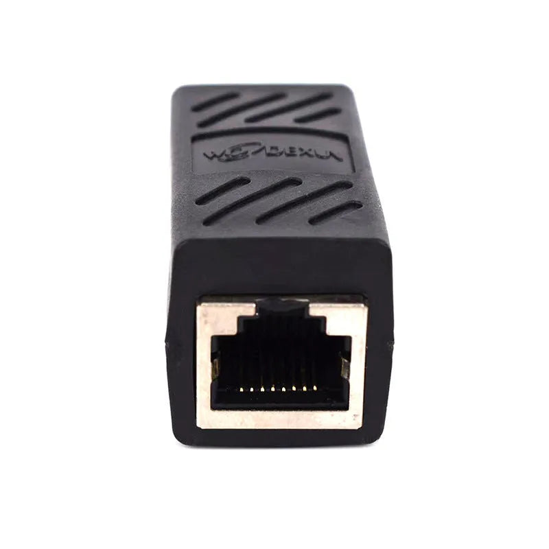 Black RJ45 butt joint extender adapter with rotary connectors for ethernet cable extension