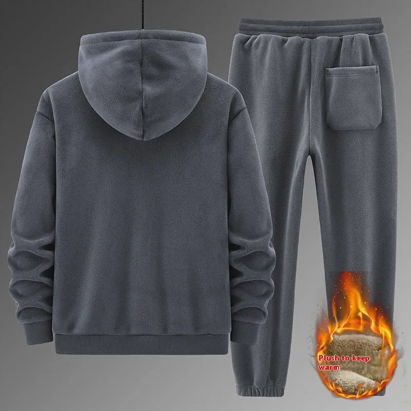 Men's grey hooded cashmere sweater and cotton pants sportswear suit laid flat
