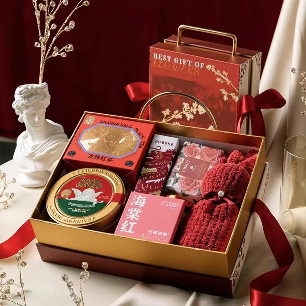 Paper cardboard gift box in champagne gold for pajamas marriage engagement with decorative string lights