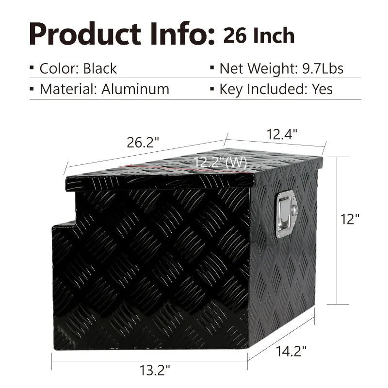 Black 26 inch aluminium alloy tool case with T-casting design and latch closure
