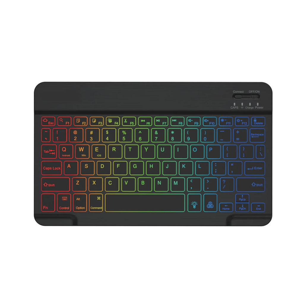 10-inch black Bluetooth keyboard with colourful blue backlighting, shown with a charging cable.
