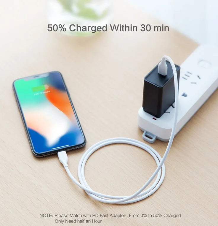 White nylon-braided USB-C to Lightning cable measuring 1 metre with aluminium connectors