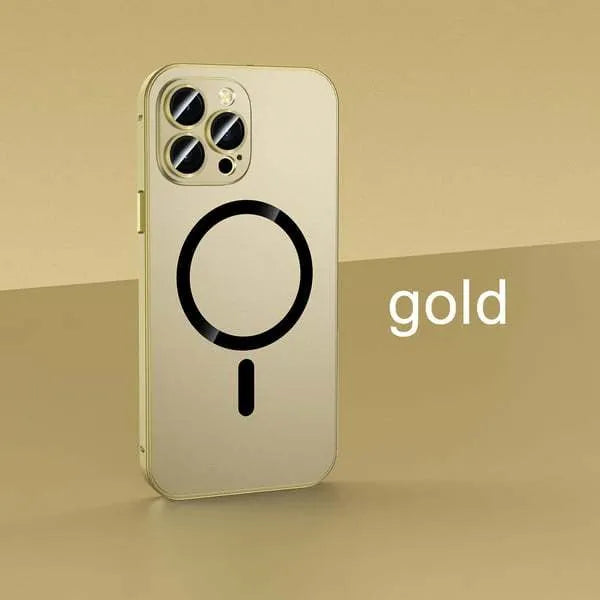 Aluminium alloy frame magnetic snap-on protective case for iPhone in five colour options.