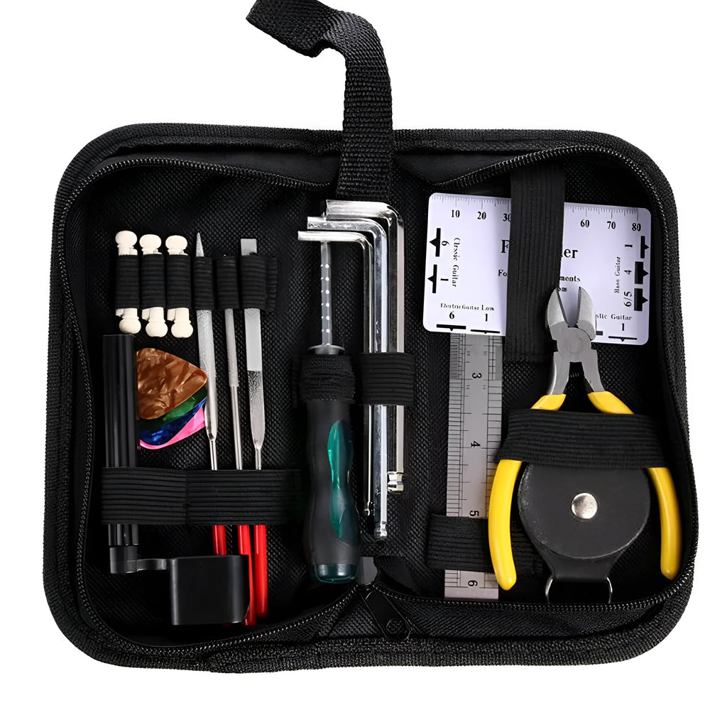 Black plastic case open to show guitar repair and maintenance tools inside.