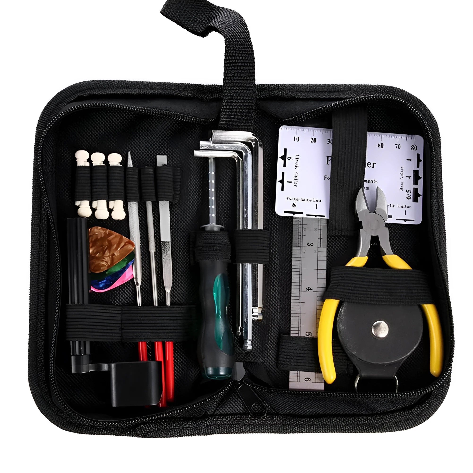 Black plastic case open to show guitar repair and maintenance tools inside.