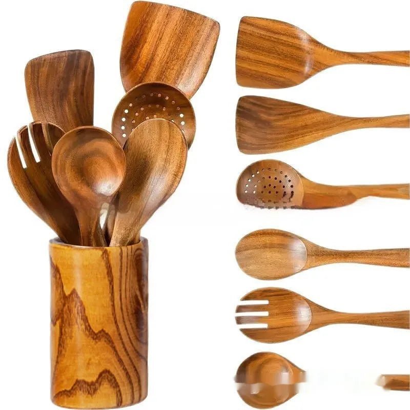 Wooden 7-piece kitchen utensil set including spatula and soup spoon in box suit packaging.