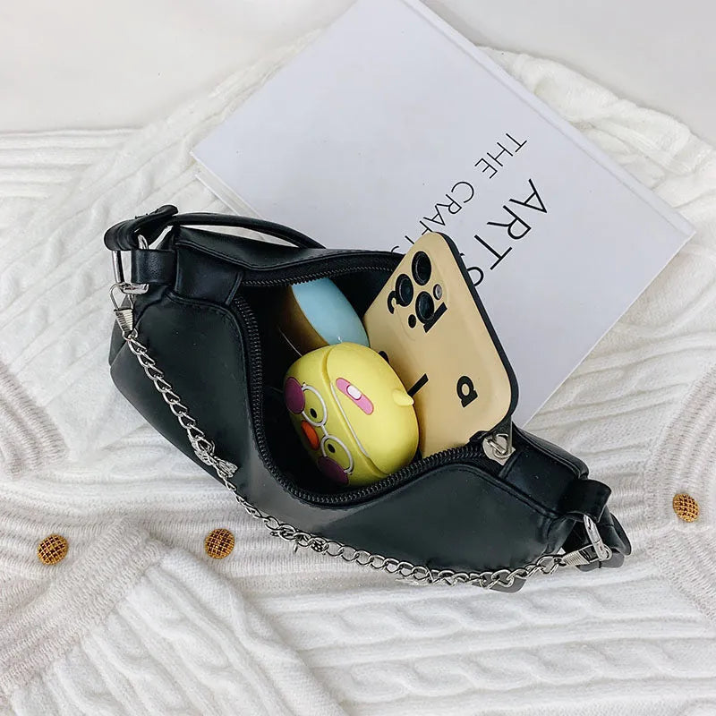 Women's black PU butterfly chain underarm handbag with crossbody strap, shown in a horizontal square shape.