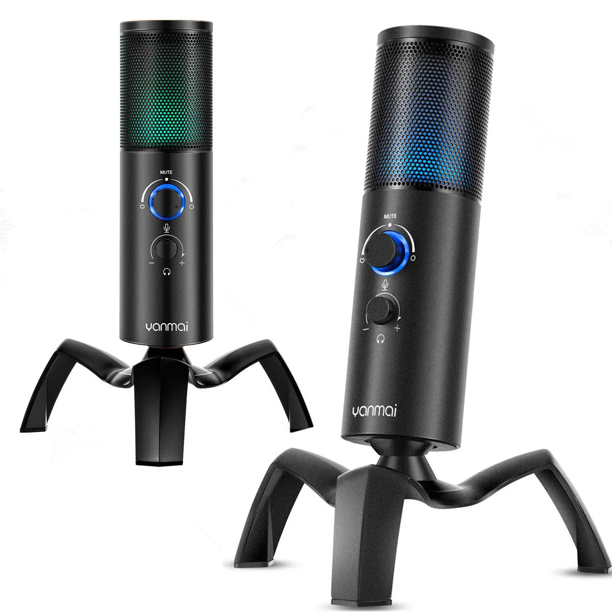 Q18 black USB condenser microphone with RGB lights on adjustable tripod stand