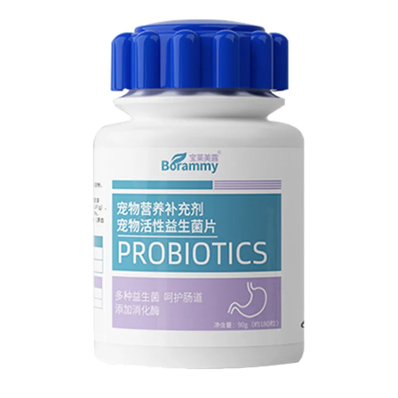 Bottle of 180 active probiotic tablets for dog and cat digestive health care.