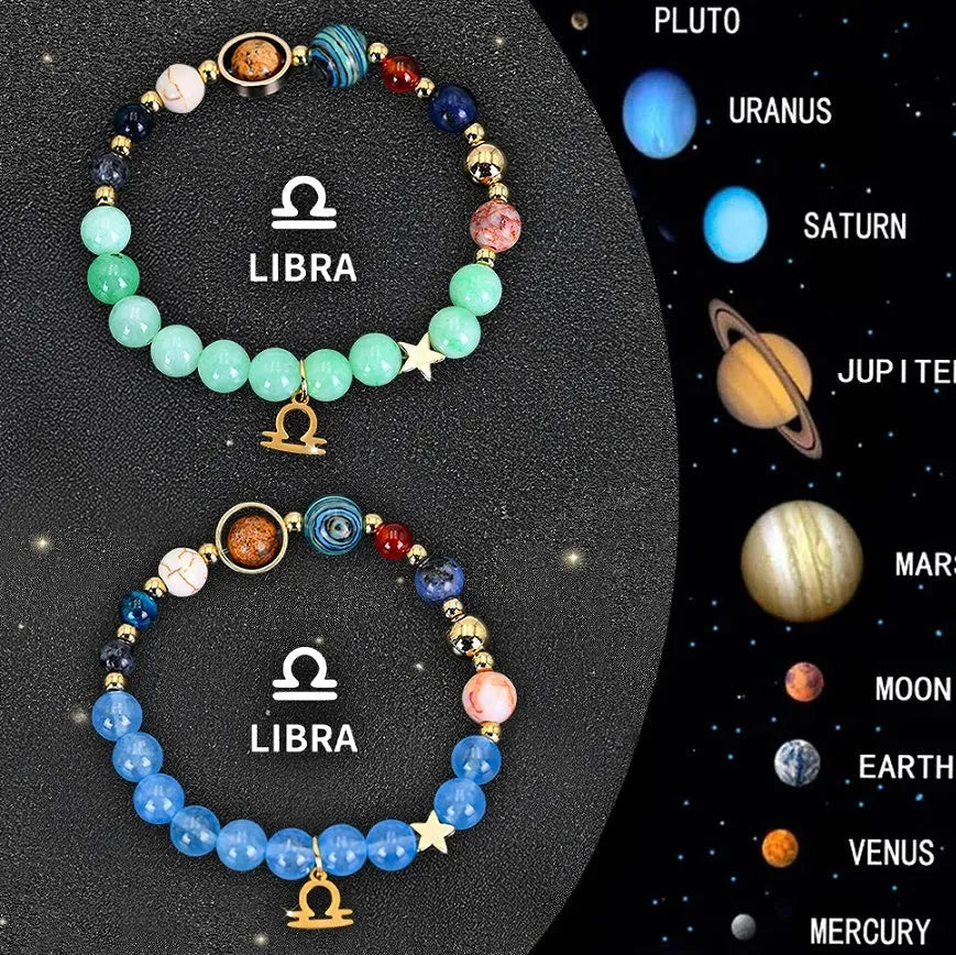 A pair of natural stone beaded bracelets from a twelve-piece zodiac sign collection.
