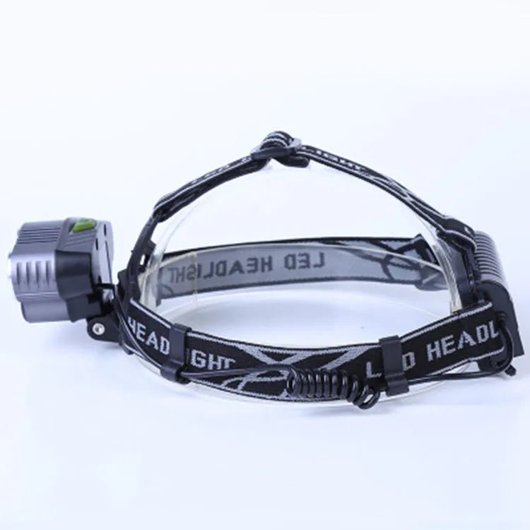 Fixed focus long-range outdoor camping headlamp with head-mounted LED light and push button switch.