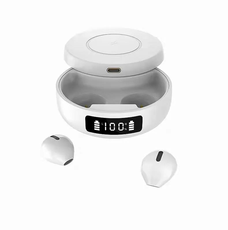 Mini small semi-in-ear wireless headphones in black, blue, or white with a matching charging case.