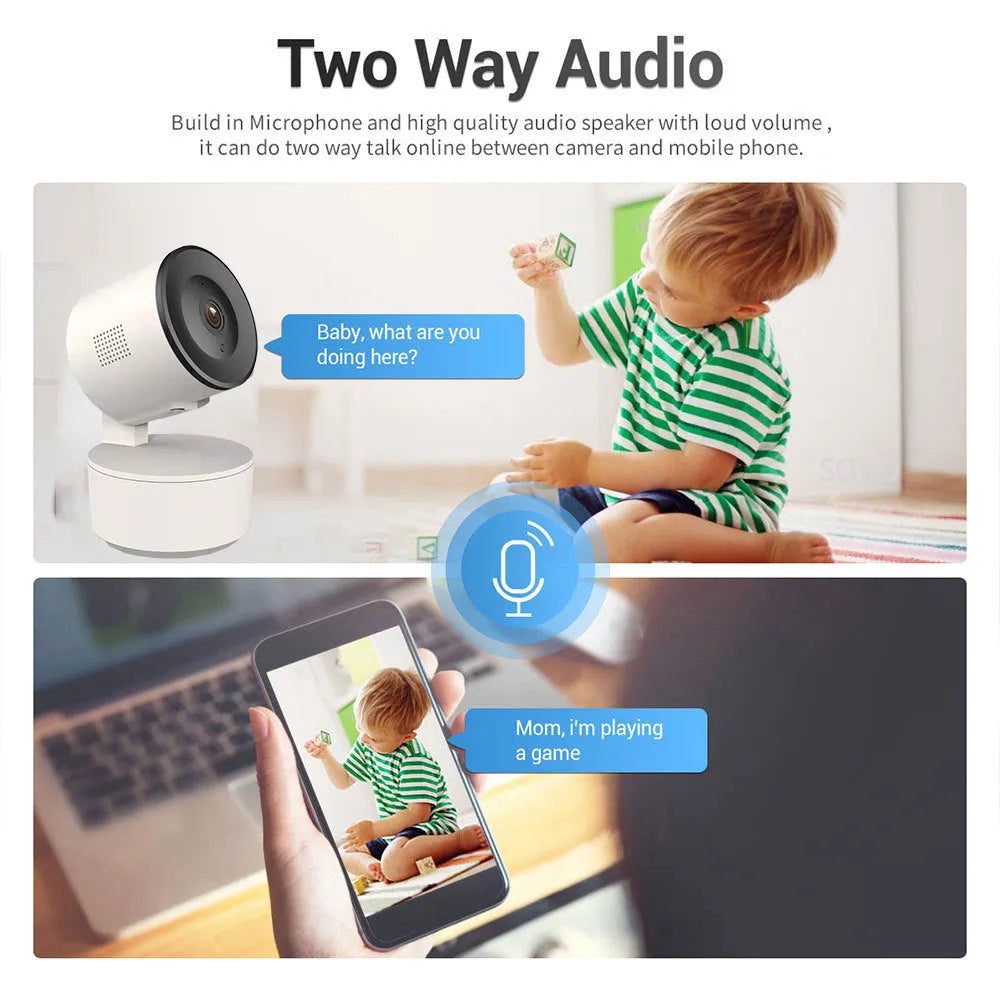 Smart WiFi indoor security camera with 1080P resolution and PTZ rotation on desktop mount
