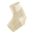 Black Lycra ankle support brace shown wrapped around an adult ankle.