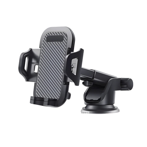 Black car phone holder with adjustable clamp for mobile devices between 4 and 7 inches