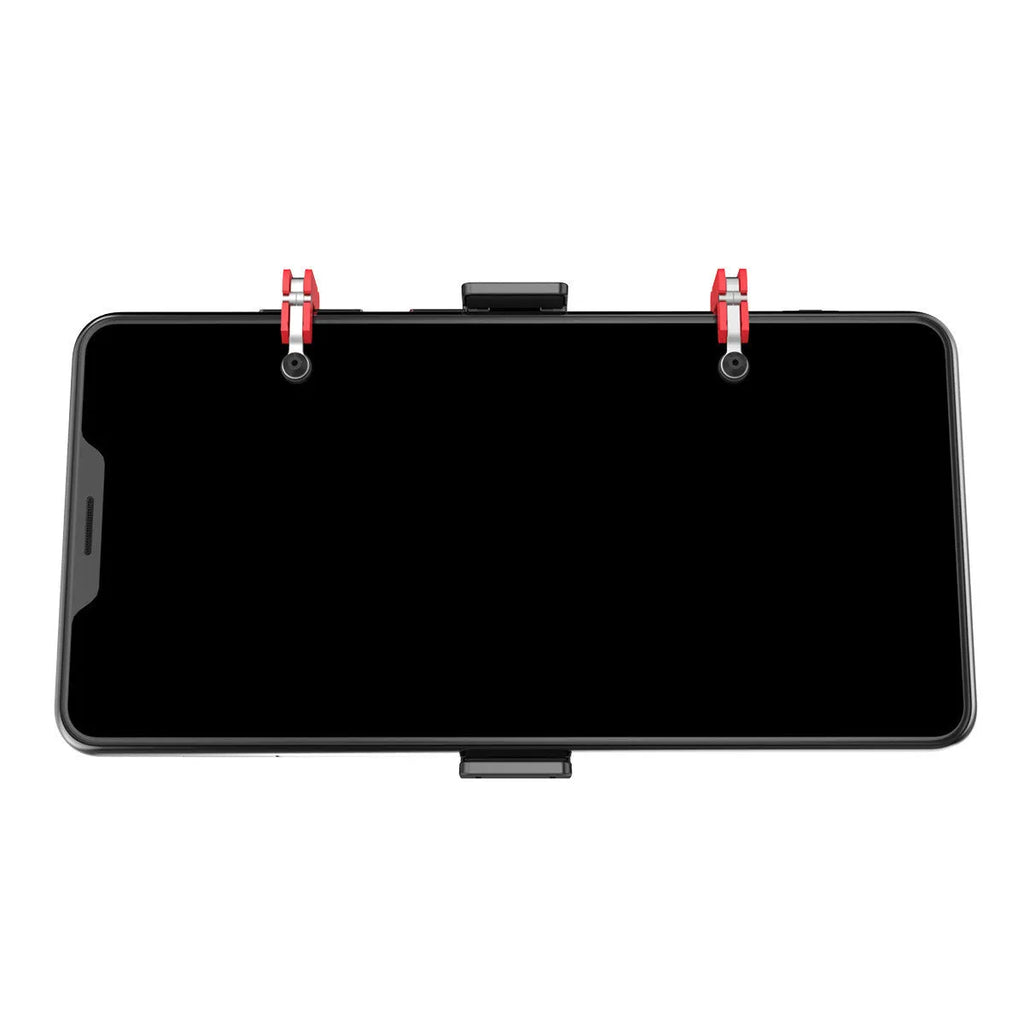 Black gaming phone mount with metal trigger controller and adjustable telescopic clip for 67-87mm wide mobile phones