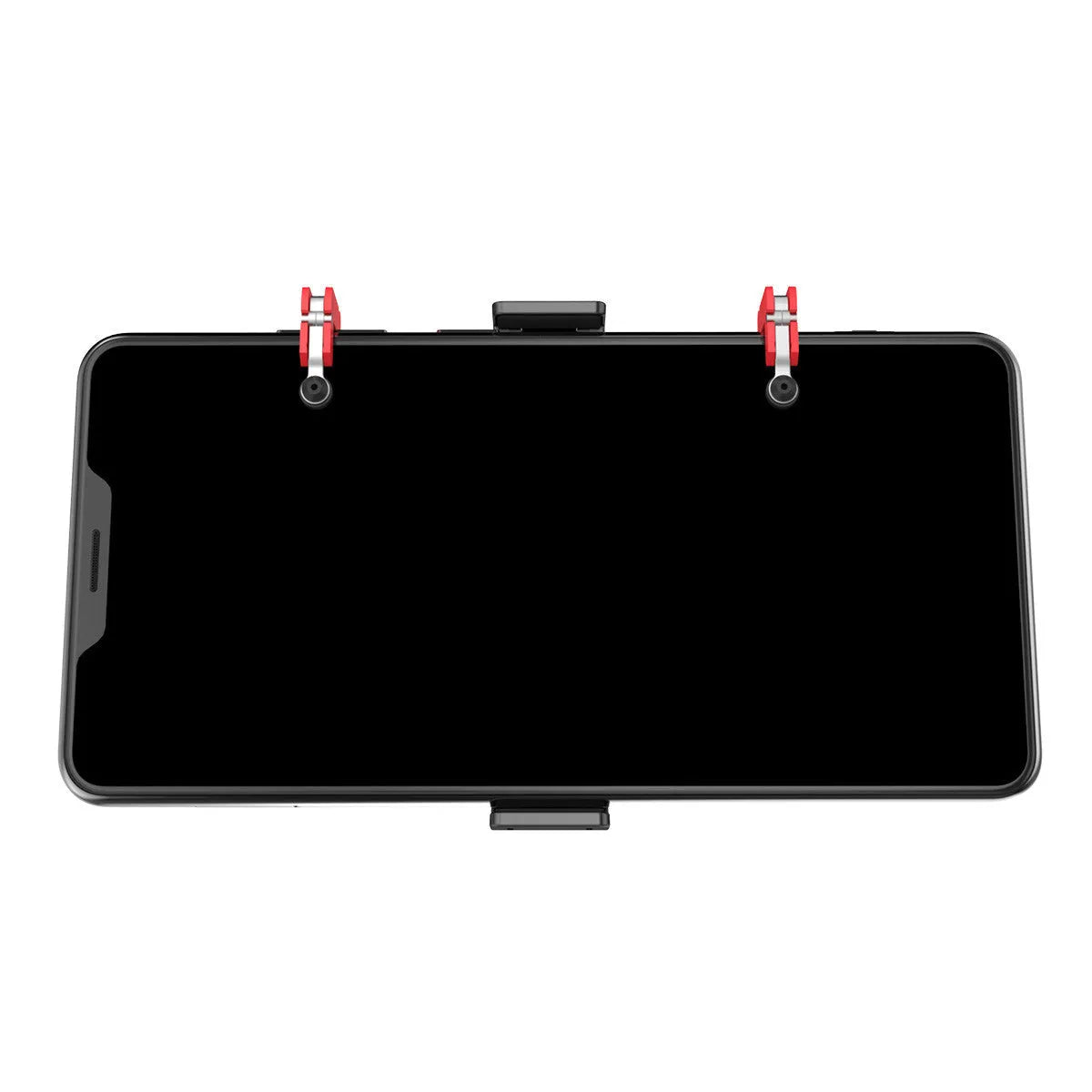 Black gaming phone mount with metal trigger controller and adjustable telescopic clip for 67-87mm wide mobile phones