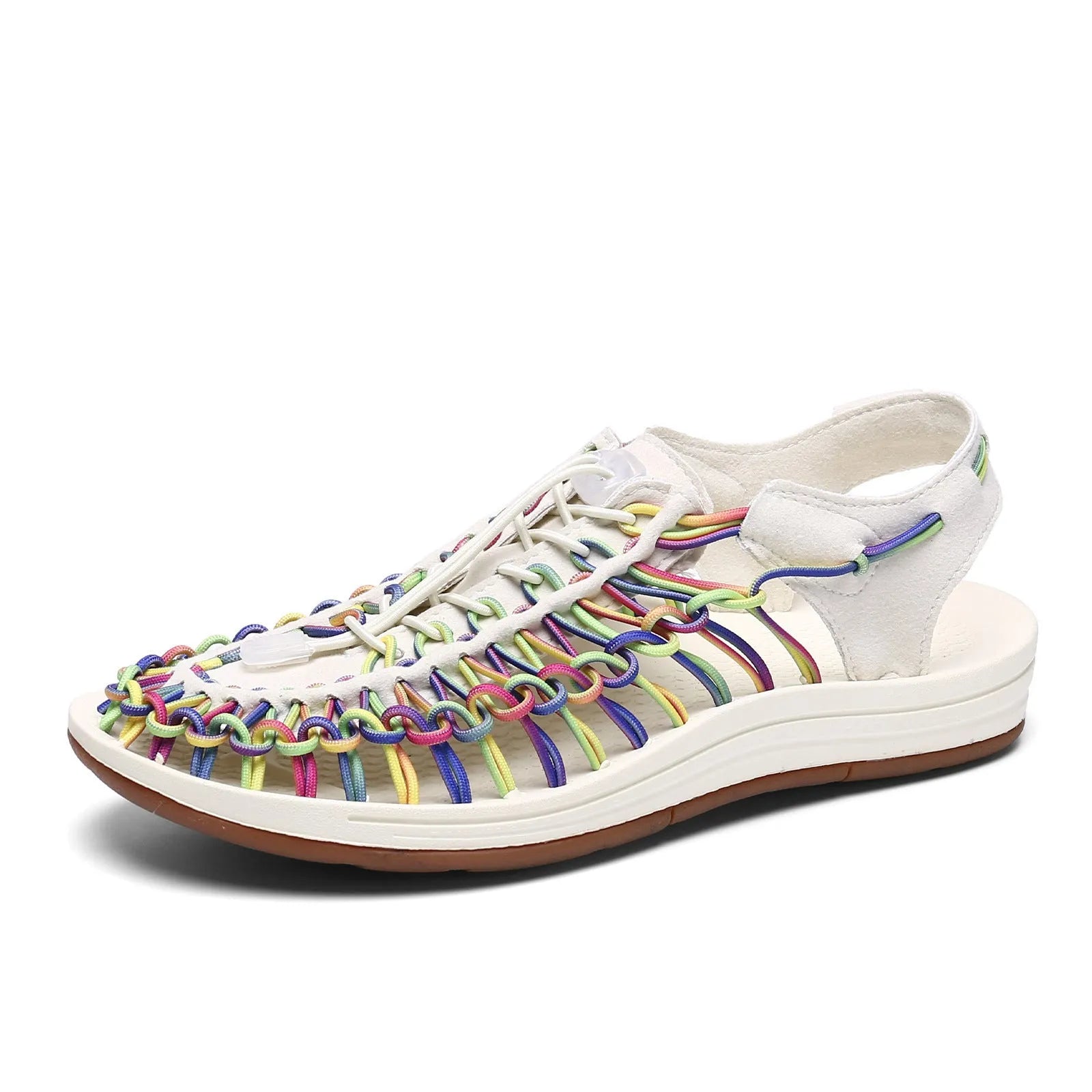 Elastic drawstring woven sandals in rainbow colour with rubber sole and baotou front design