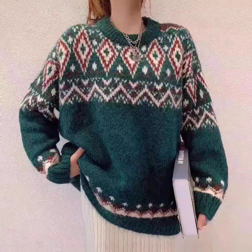 Retro striped pullover knitted top with loose fit and long sleeves