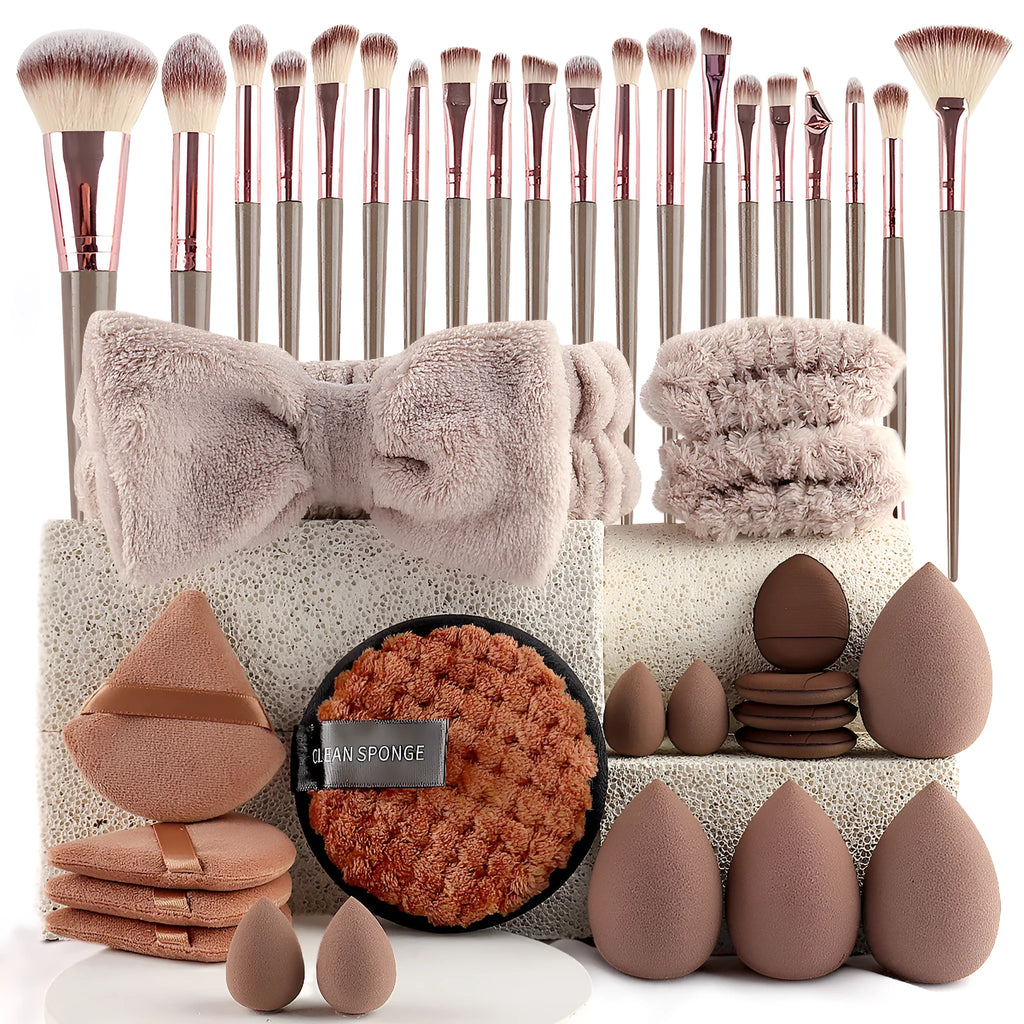 Beauty tools combination set with hydrophilic non-latex face wash and makeup tools in brown, pink, and purple colours
