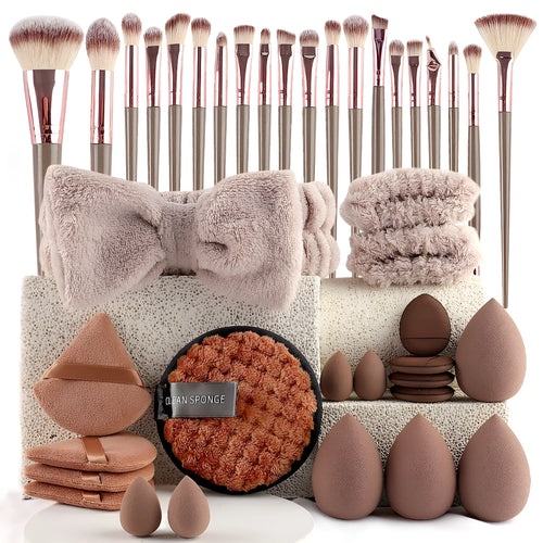 Beauty tools combination set with hydrophilic non-latex face wash and makeup tools in brown, pink, and purple colours