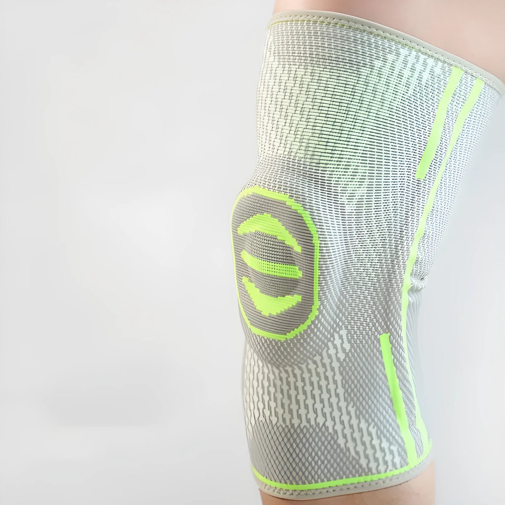 Cotton mountaineering knee pads in green, blue and yellow colours showing knee protection design