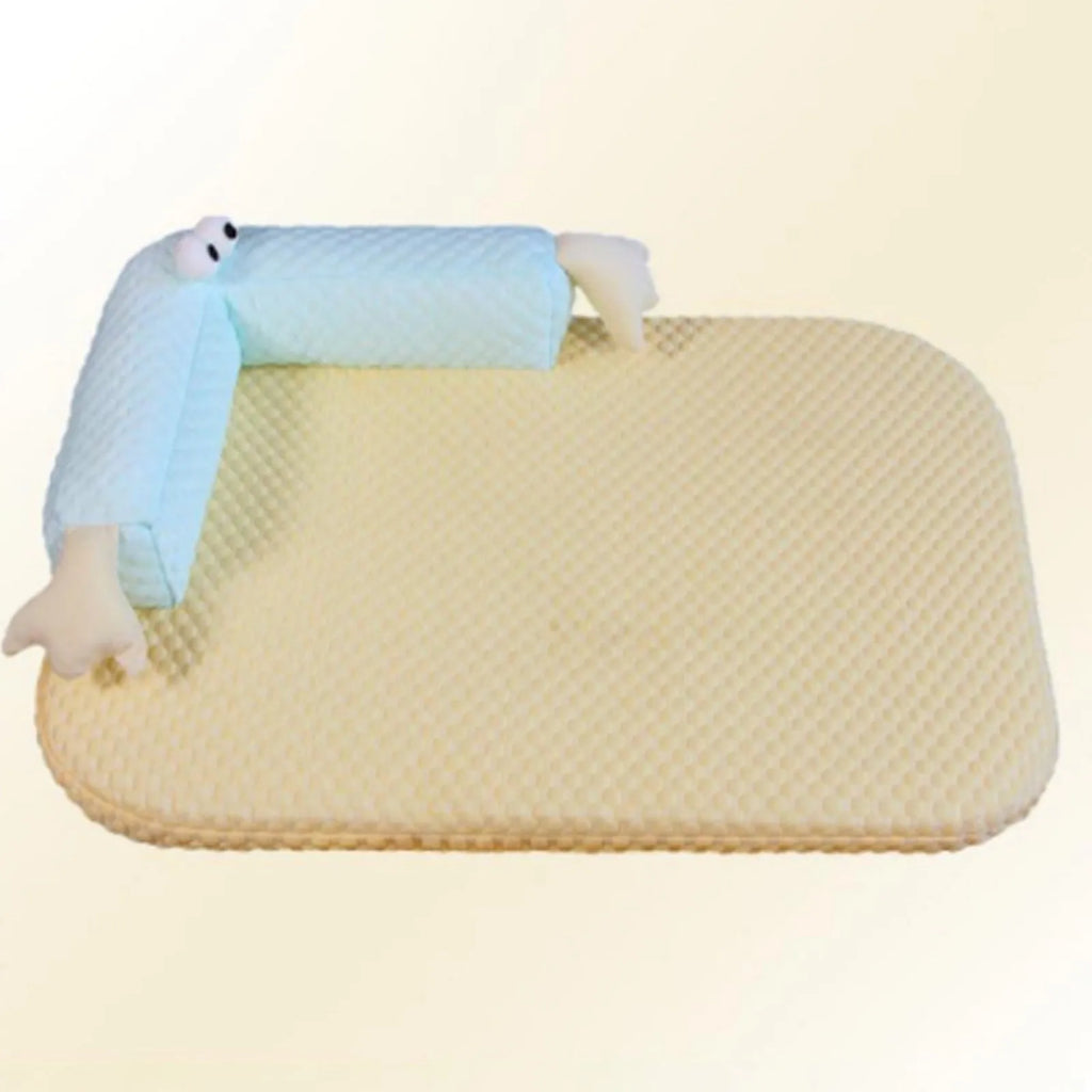 Blue pet bed cushion with a big-eyed monster design on a wooden floor.