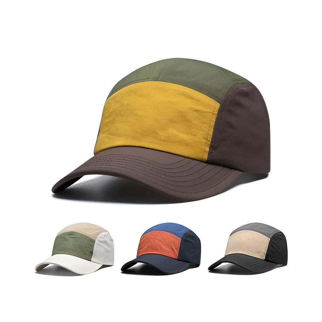 Men's quick-drying baseball cap with curved brim in cotton polyester blend showing five-piece construction structure