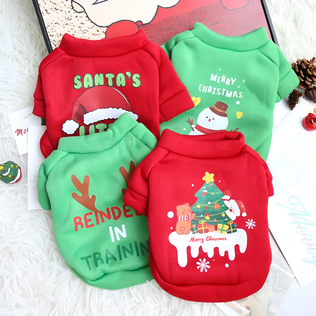 Fleece-lined pet crew neck sweater in red with Christmas hat pattern, shown on a small dog