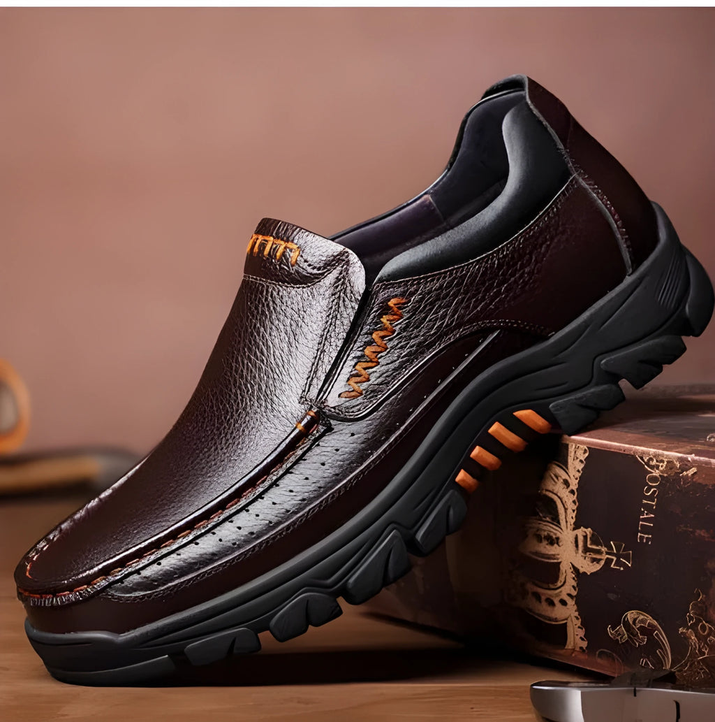 Black and brown cowhide leather business casual slip-on shoes with rubber soles