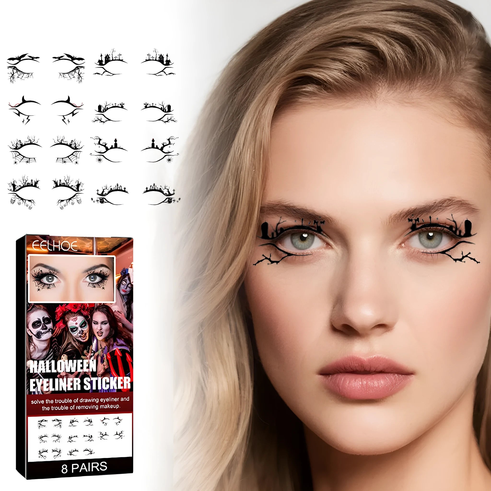 8 pairs bat and spider decorative eye shadow eyeliner stickers for Halloween party face makeup