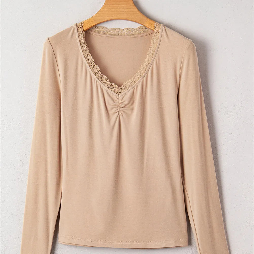 Women's red slim fit casual top with lace trim and long sleeves