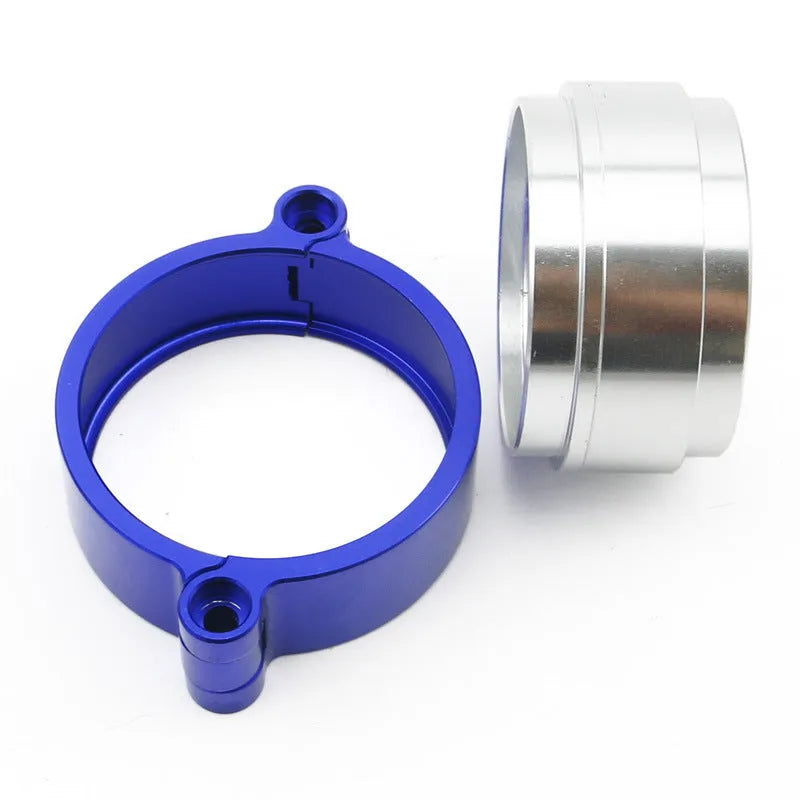 Aluminium fixed movement exhaust clamp for turbo applications in black, blue, or red.
