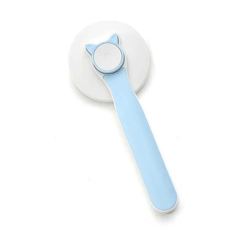 Blue self-cleaning pet grooming brush with stainless steel pins and ergonomic rubber handle
