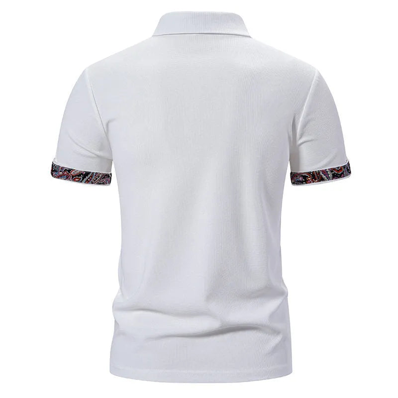 Men's navy blue cotton blend polo shirt with a turnover neck and short sleeves on a hanger.