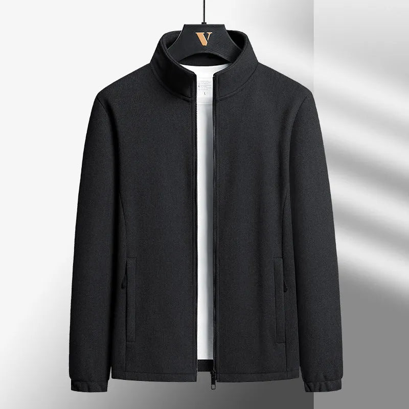 Men's grey Berber fleece cardigan coat with stand-up collar and zippered pockets