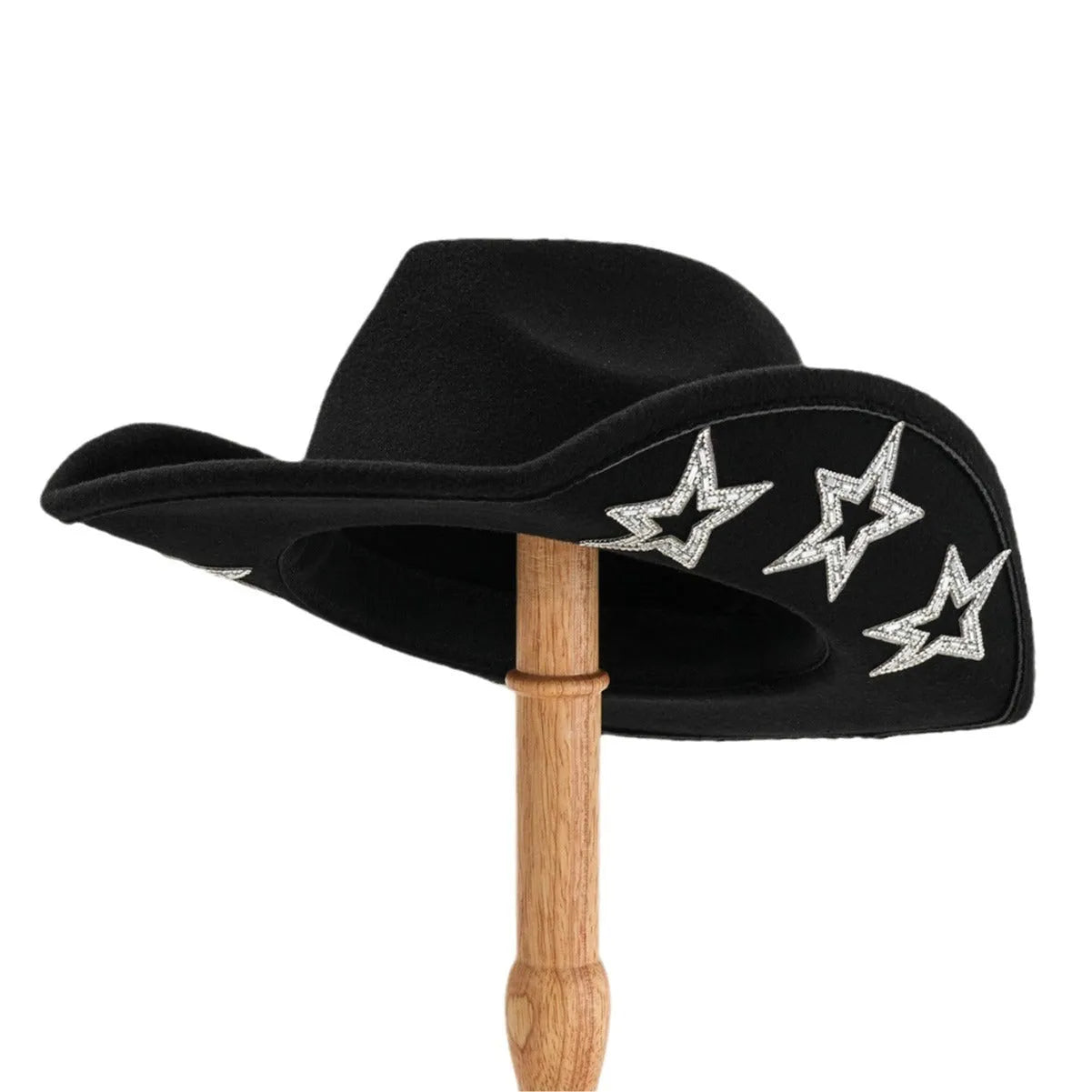 Brown polyester western-style top hat with a conical crown and a silver hexagonal star decoration on the front.